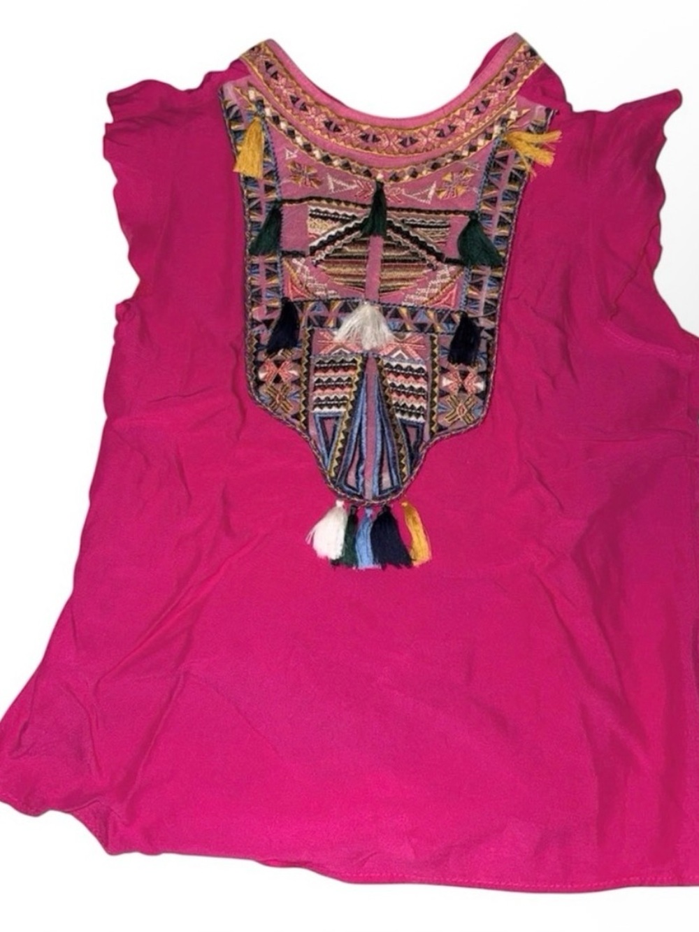 Boho Embroidered Tassel Women's Top - Fuchsia Pink